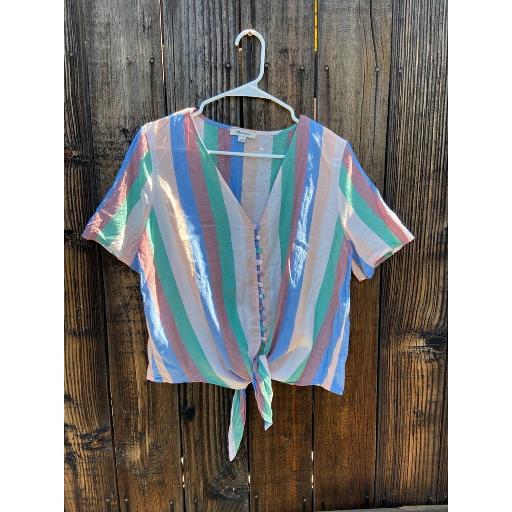 Madewell Novel Tie-Front Stripe Button Top Size L - Green Blue Pink Brown